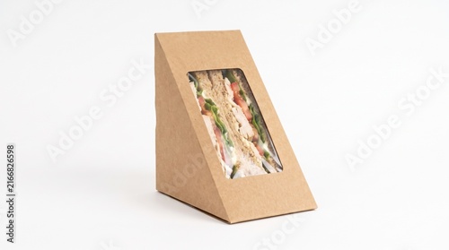 Fresh chicken sandwich in brown cardboard wedge packaging displayed on plain white studio background under soft light.