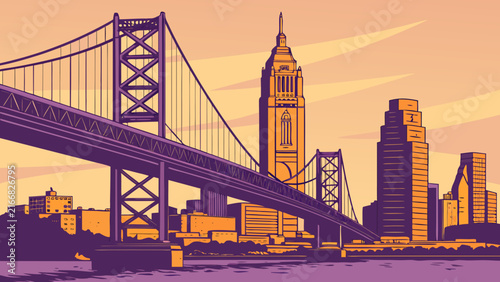 Philadelphia skyline vector at sunset with city bridge