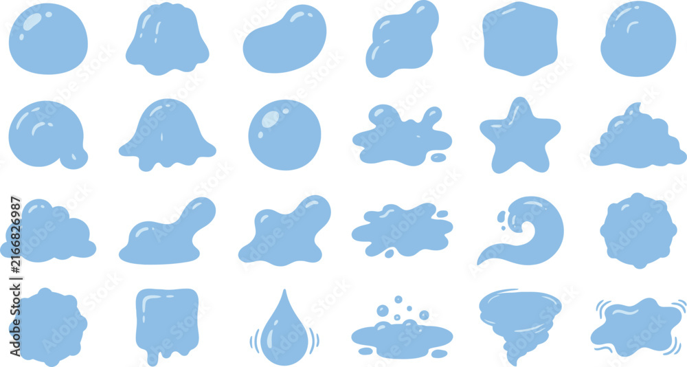 Fototapeta premium Vibrant blue liquid blob vector illustration set featuring various splashing water shapes and organic elements