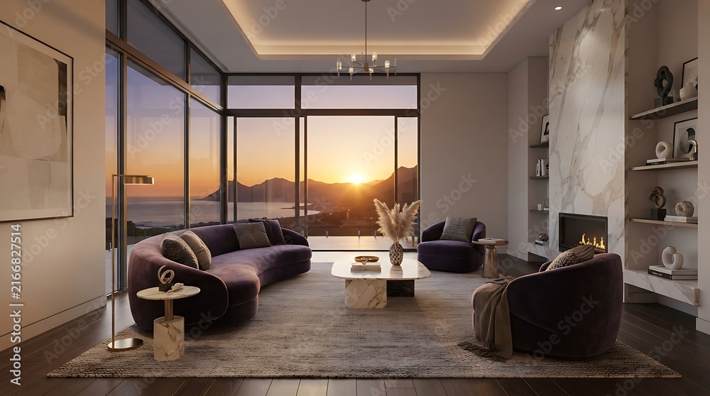 Naklejka premium Luxurious Modern Living Room with Panoramic Sunset Ocean View and Marble Fireplace