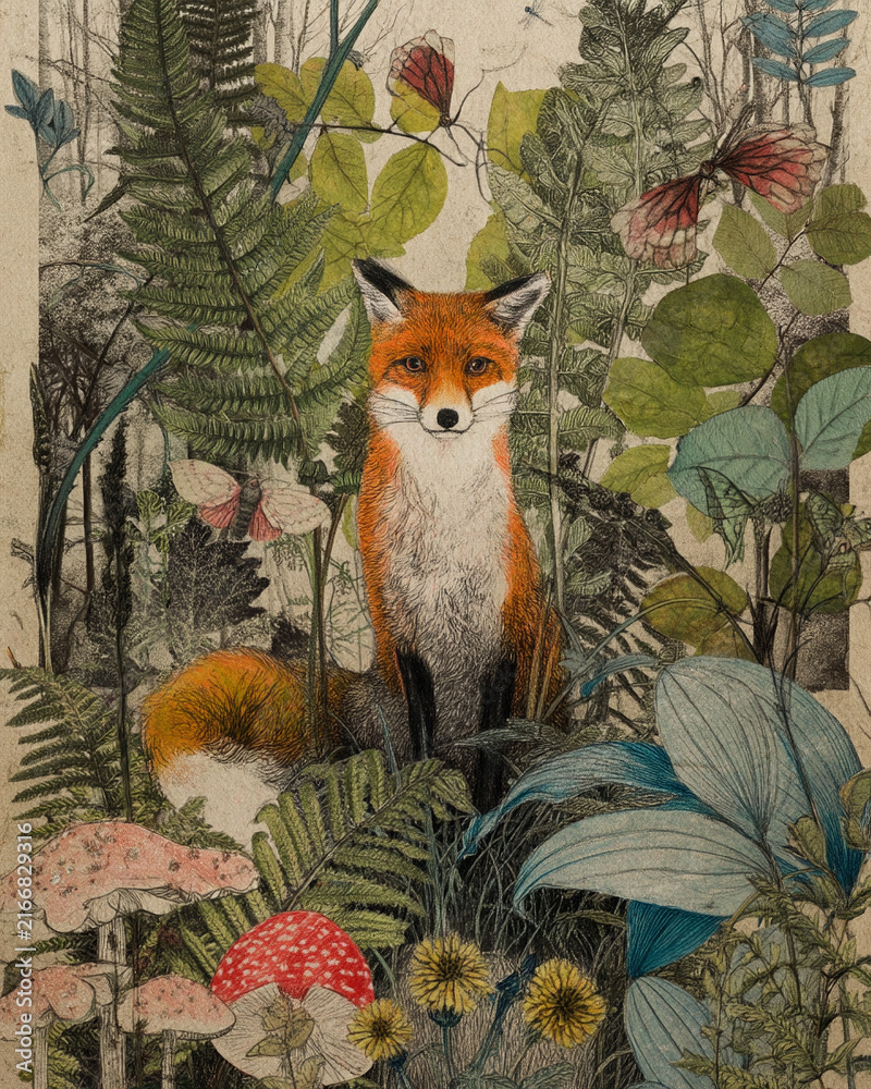 Fototapeta premium Red Fox Floral Forest Woodland Junk Journal Paper
