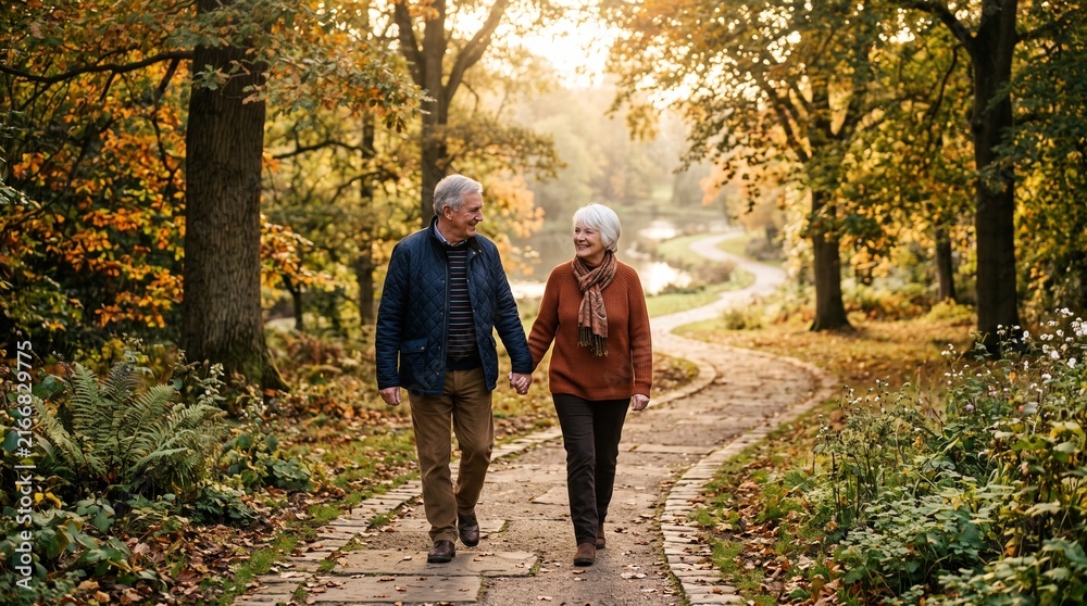 Obraz premium Senior couple walks hand in hand along a winding stone path through a beautiful autumn park.