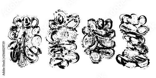 Set of four abstract grunge drawings made with rough ink strokes, looping forms and distressed marks. Monochrome vector graphic elements with an expressive hand drawn aesthetic for posters, collage
