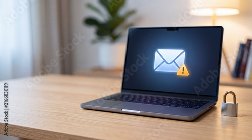 Phishing Email Warning on Laptop with Padlock and Copy Space