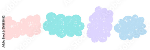 Set of pastel crayon drawings featuring soft cloud-like abstract shapes in pink, turquoise, lavender and blue. Textured vector elements with a playful hand drawn style for decorative graphic design.