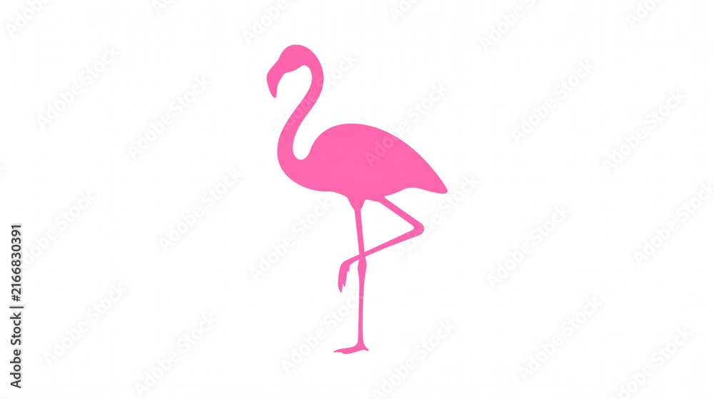 Fototapeta premium A bright pink flamingo silhouette standing on one leg against a clean white background.