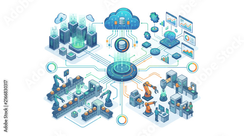 Isometric illustration of a smart factory with cloud computing and data management.