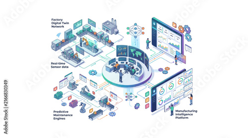 Isometric illustration of a smart factory with automated production and data analysis.