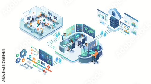 Modern Technology Control Center with Data Visualization and Network Security.