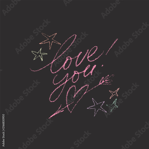 Square greeting card design with colorful crayon drawings featuring the hand-lettered phrase love you and a pierced heart shape with playful stars. Textured vector artwork for romantic messages