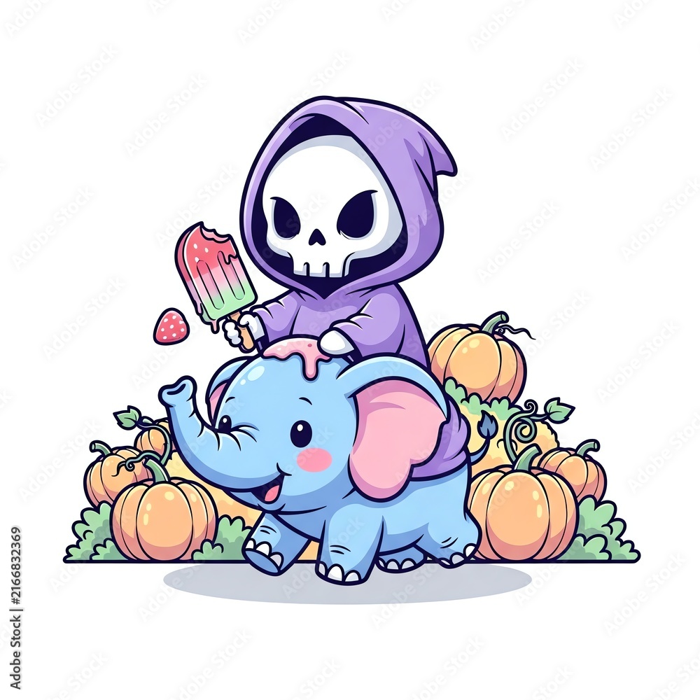 Naklejka premium Cute Grim Reaper and Elephant with Pumpkins and Popsicle.