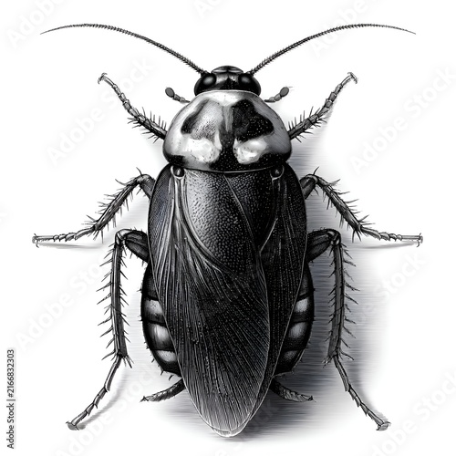 Black cockroach illustration with detailed legs and antennae on white background