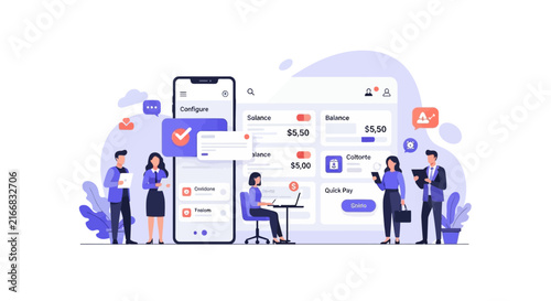 Professionals managing financial tasks on integrated mobile and web platform.
