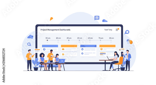 Professional team managing projects on digital timeline dashboard.