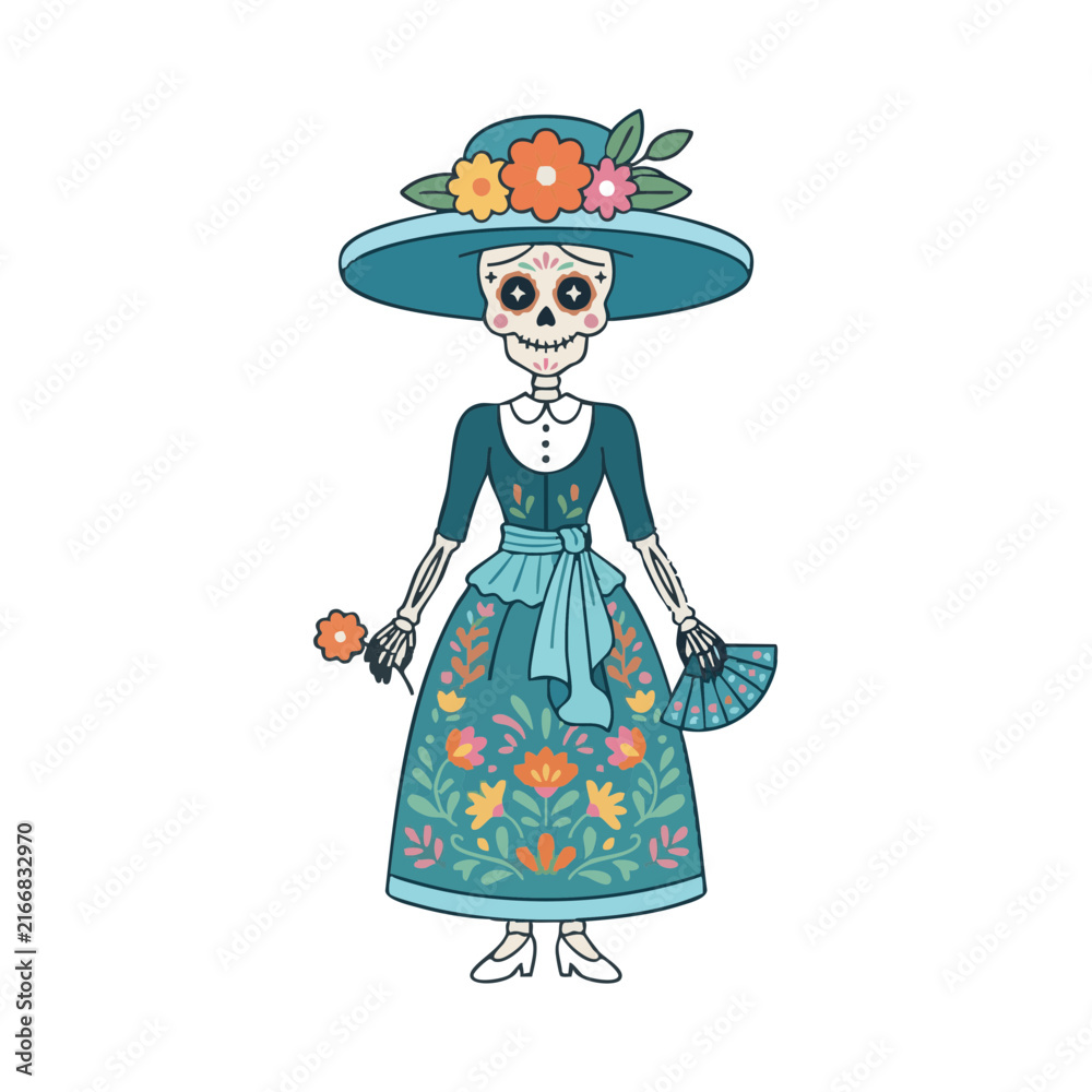 Fototapeta premium Catrina doll wearing hat with floral decorations and traditional dress