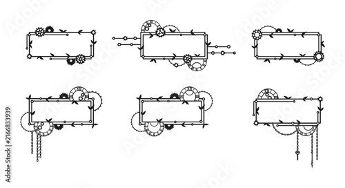Rectangular frames with leaves, different gears, cogwheels, clock-face and chains. Black elements, isolated on a white background. Mechanism. Steampunk. Vector set for greeting card and laser cutting