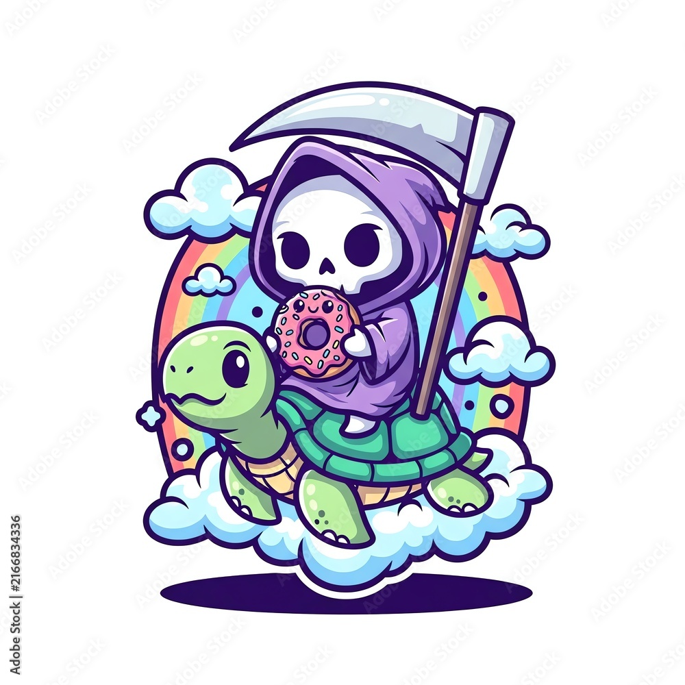 Fototapeta premium Cute Grim Reaper Riding a Turtle with a Donut.