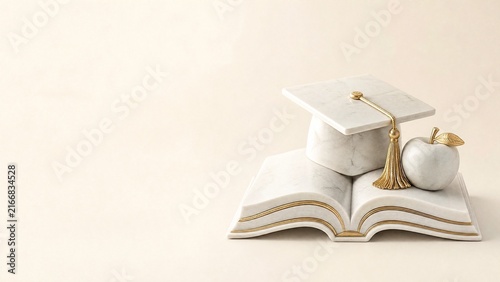 White marble hand-carved open book graduation cap and apple sculpture for Teachers Day India with gold leaf inlay on ivory 3D render still life