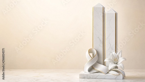 White marble twin memorial pillars folded ribbon and lily sculpture for USA Patriot Day 9/11 remembrance with gold leaf inlay on ivory background 3D render