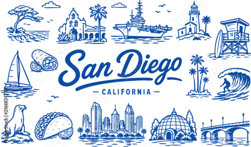 San Diego California Travel Vector Set with Coastal Landmarks, Surf, Tacos and City Icons