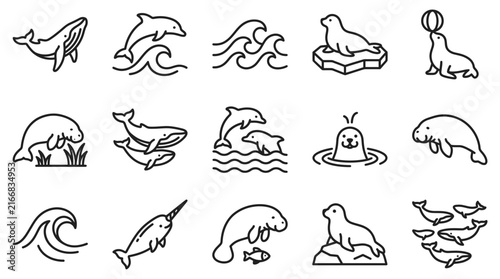 Marine Mammal Icons Set: Whale, Dolphin, Seal, Narwhal, Manatee, Waves