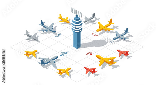 Colorful isometric illustration of airplanes flying around a control tower.