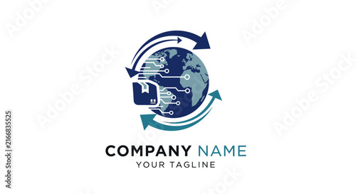 Modern circular logo design with globe and arrows for global business.
