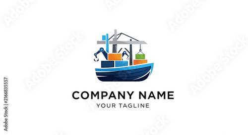Modern shipping company logo with cargo ship and containers.