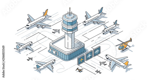 Colorful isometric illustration of airport control tower and aircraft.