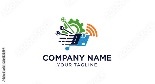 Modern technology logo design with gears and wireless signals.