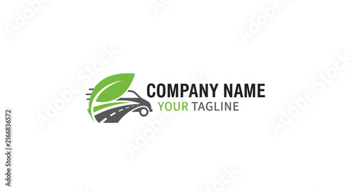 Green leaf and car silhouette logo design template for business branding.
