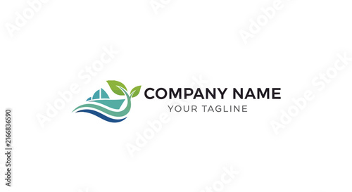 Minimalist eco business logo with leaf and wave design.