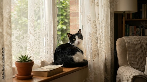 Tuxedo feline resting quietly on an indoor windowsill glancing backward through sheer delicate lace curtains toward the viewer creating a cozy home atmosphere background cat feline pet tuxedo black