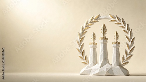 White marble three feathered towers silhouette rising from ridge with laurel wreath arch sculpture for San Marino Feast Saint Marinus Day with gold leaf ivory 3D render