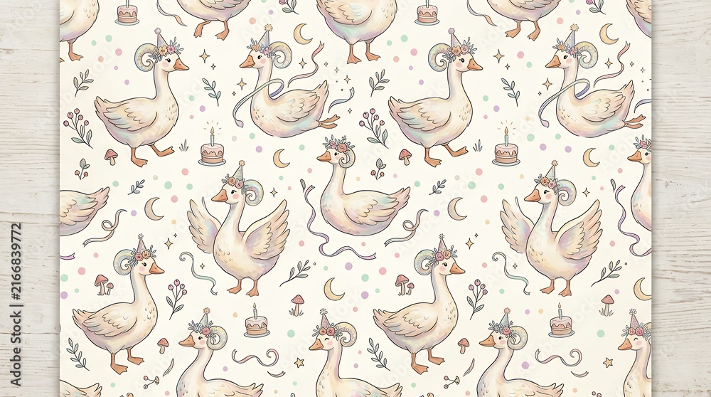 Whimsical Repeating Motifs Displaying Playful Fantasy Geese With Mythical Horns Ideal For Magical Celebrations And Birthday Decor pattern seamless unicorn horn goose head magic concept cute birthday