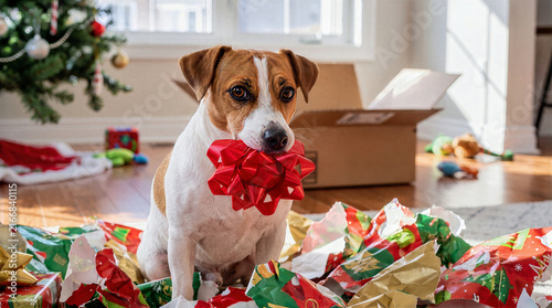 Naklejka Cute Jack Russell Terrier dog sitting among torn Christmas wrapping paper while holding bright red gift bow in mouth. Playful pet causing mess after opening holiday present at home interior