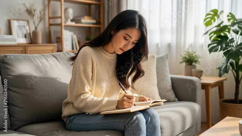 Focused Reflection: A young woman sits on a comfortable sofa, diligently writing in a notebook, bathed in natural light streaming from a window, embodying concentration and introspection.