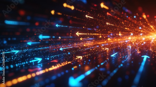 Digital Data Streams and Light Trails Representing Technology and Connectivity in a Futuristic Abstract Scene