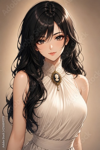 Anime-style digital illustration of a young woman with long black hair, wearing an elegant white dress with a brooch, detailed and realistic character art