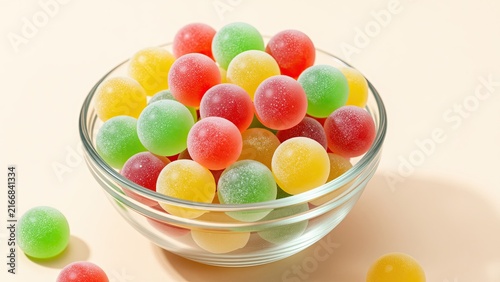 Colorful Fruit Gummies in a Clear Glass Bowl on a Light Background, Sweet Candy Snack, Bright and Playful Confectionery, Gourmet Food Presentation