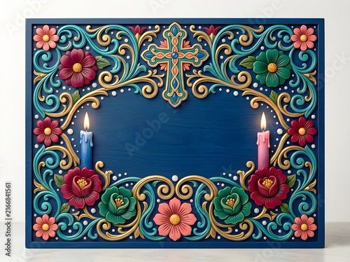 Christian Cross and Candle Religious Decoration with Floral Ornament, Easter Church Celebration Background