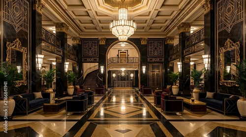 Luxurious 1920s Art Deco hotel lobby with gold lines and black marble