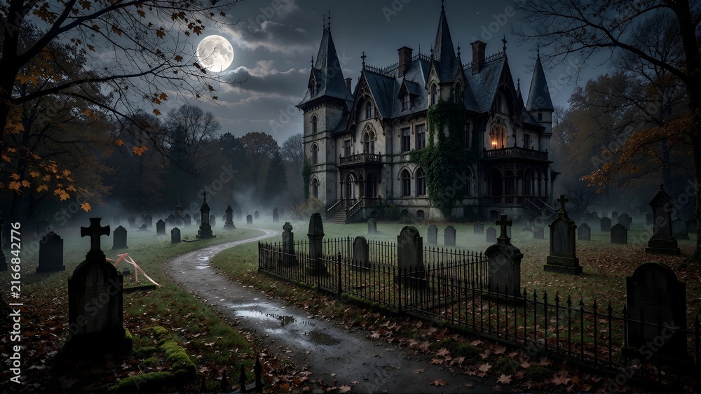 Obraz premium old mansion Haunted Victorian Estate in a Moonlit Halloween Night