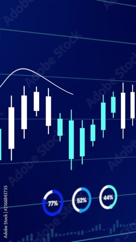 Vertical digital financial candlestick chart showing stock exchange growth, trend lines, and world map.