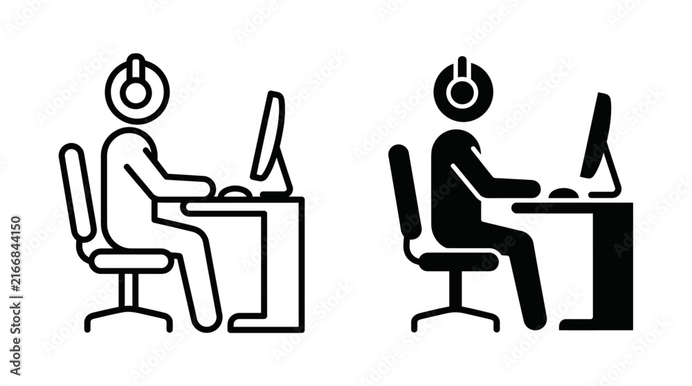 Fototapeta premium Set of simple vector icons showing a person working at a computer desk with headphones.