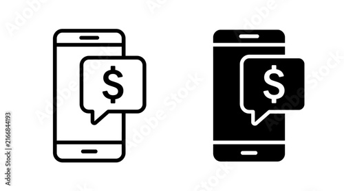 Two icons of a smartphone displaying a dollar sign in a speech bubble, representing mobile payments and financial transactions.