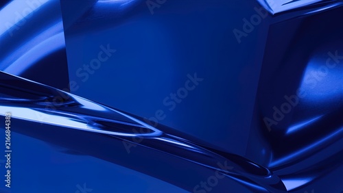 Abstract blue metallic liquid chrome surface with glossy reflections and futuristic texture