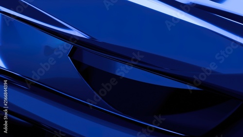 Glossy blue metallic car hood with aerodynamic curves and futuristic reflective surface design