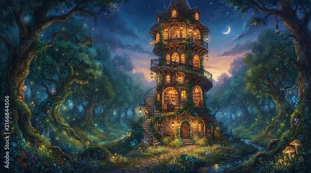 Fototapeta premium Enchanted Mystical Forest Tower Glowing Under the Moonlight in a Magical Fairytale Landscape