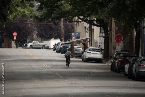 Cyclist Riding Through a Tree Lined Street in Ballard Seattle